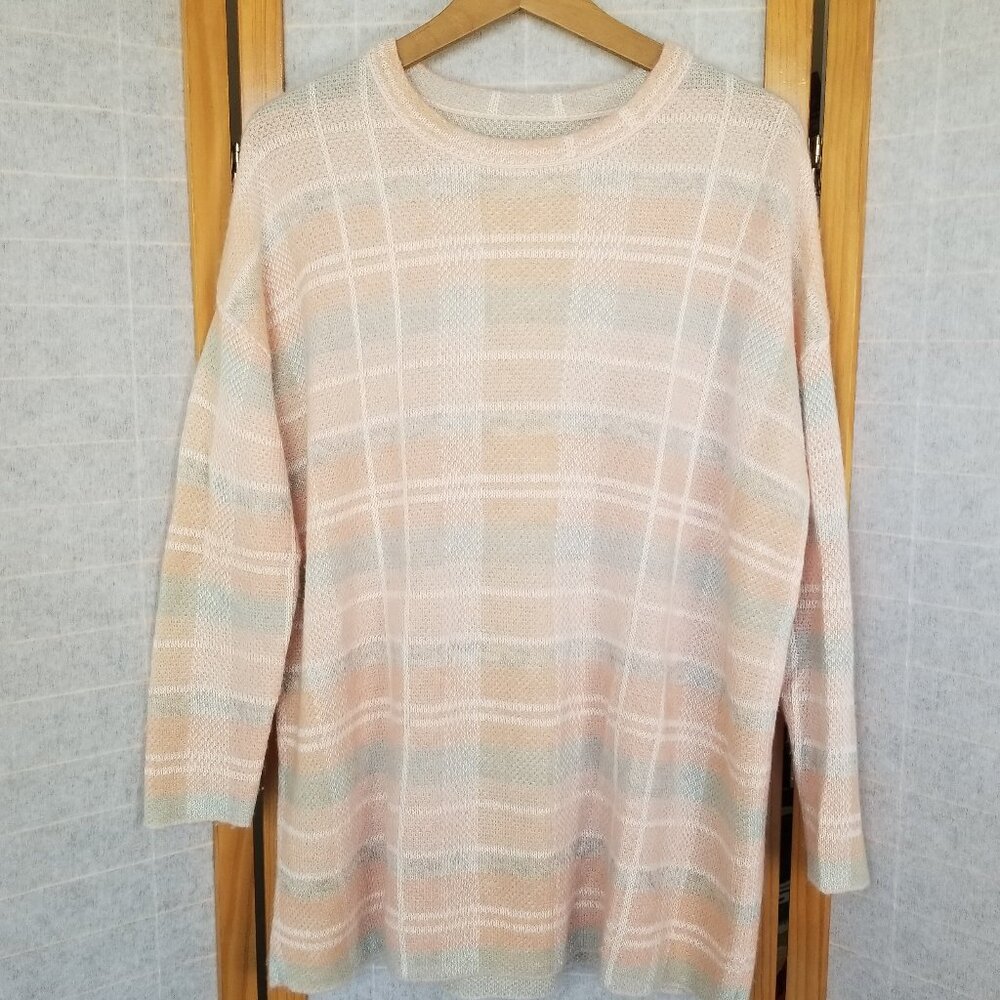 Lou & Grey Oversized Sweater Pastel Plaid Crew Neck Long Sleeve Size Small